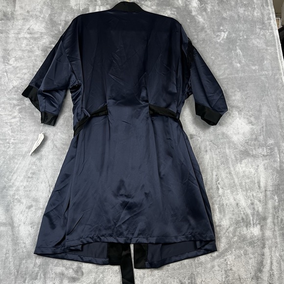 NWT Linea Donatella Women's Large Corinne Satin Navy Wrap Robe Bisque - Picture 5 of 6